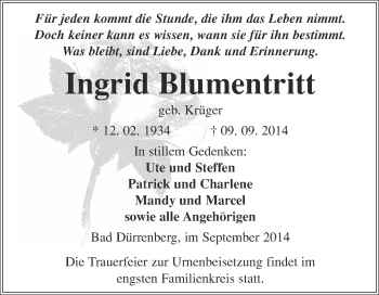 Traueranzeige von Ingrid Blumentritt von Super Sonntag Merseburg