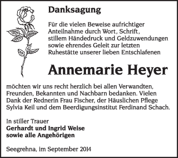 Traueranzeige von Annemarie Heyer von Super Sonntag Wittenberg