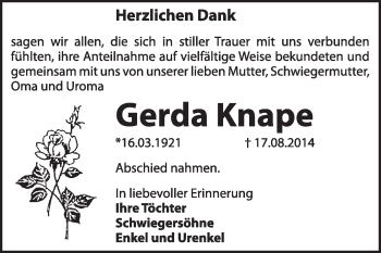 Traueranzeige von Gerda Knape von Super Sonntag Dessau / Köthen