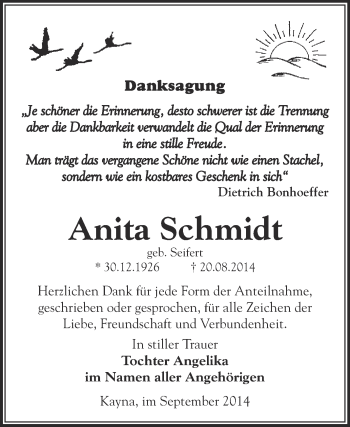 Traueranzeige von Anita Schmidt von Super Sonntag Zeitz