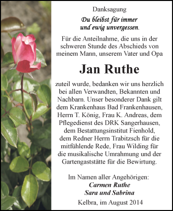 Traueranzeige von Jan Ruthe von Super Sonntag SGH Mansf. Land