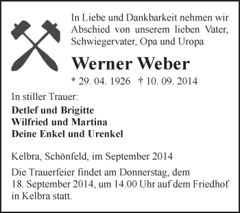 Traueranzeige von Werner Weber von Super Sonntag SGH Mansf. Land