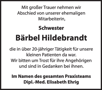 Traueranzeige von Bärbel Hildebrandt von Super Sonntag Wittenberg