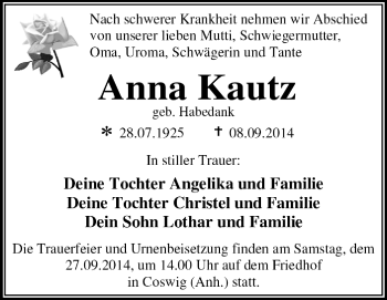 Traueranzeige von Anna Kautz von Super Sonntag Dessau / Köthen