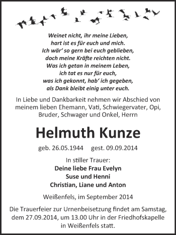 Traueranzeige von Helmuth Kunze von WVG - Wochenspiegel NMB / WSF / ZTZ
