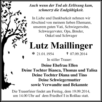 Traueranzeige von Lutz Maillinger von Super Sonntag Dessau / Köthen