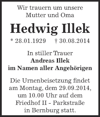 Traueranzeige von Hedwig Illek von Super Sonntag Bernburg