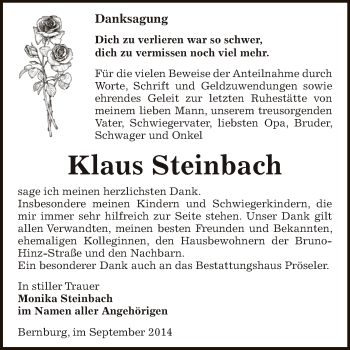 Traueranzeige von Klaus Steinbach von Super Sonntag Bernburg