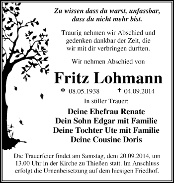 Traueranzeige von Fritz Lohmann von Super Sonntag Dessau / Köthen