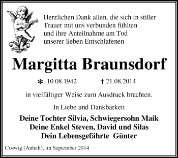 Traueranzeige von Margitta Braunsdorf von Super Sonntag Dessau / Köthen