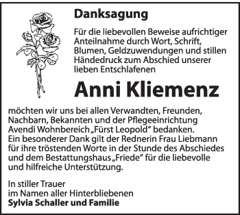 Traueranzeige von Anni Kliemenz von Super Sonntag Dessau / Köthen