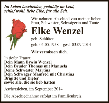 Traueranzeige von Elke Wenzel von Super Sonntag Aschersleben