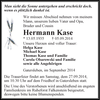 Traueranzeige von Hermann Kase von Super Sonntag Aschersleben