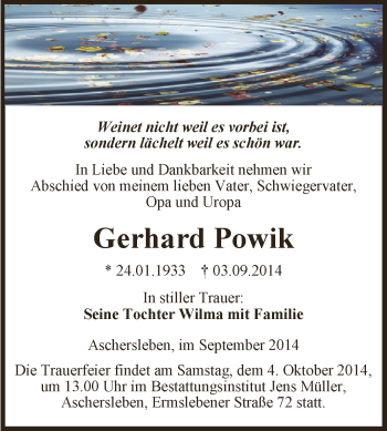 Traueranzeige von Gerhard Powik von Super Sonntag Aschersleben