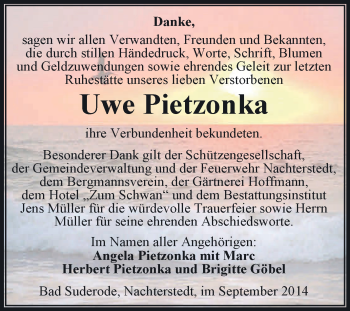 Traueranzeige von Uwe Pietzonka von Super Sonntag Aschersleben