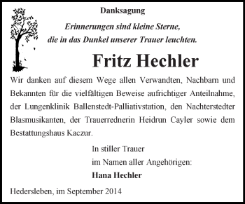 Traueranzeige von Fritz Hechler von WVG - Wochenspiegel Quedlinburg