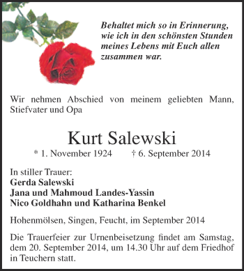 Traueranzeige von Kurt Salewski von WVG - Wochenspiegel NMB / WSF / ZTZ