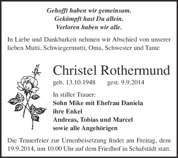 Traueranzeige von Christel Rothermund von Super Sonntag Merseburg