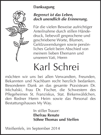 Traueranzeige von Karl Schrei von Super Sonntag Merseburg