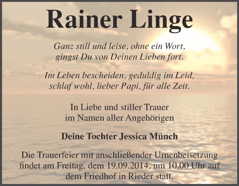  Traueranzeige für Rainer Linge vom 14.09.2014 aus WVG - Wochenspiegel Quedlinburg