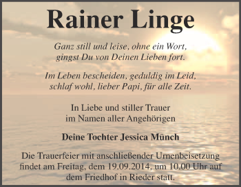 Traueranzeige von Rainer Linge von WVG - Wochenspiegel Quedlinburg