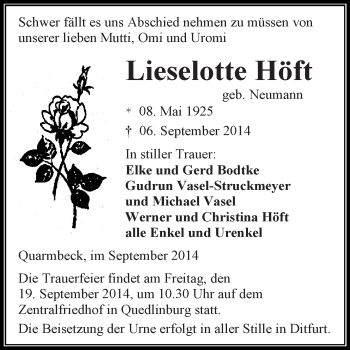 Traueranzeige von Lieselotte Höft von WVG - Wochenspiegel Aschersleben