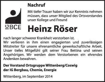 Traueranzeige von Heinz Röser von WVG - Wochenspiegel Wittenberg