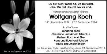 Traueranzeige von Wolfgang Koch von WVG - Wochenspiegel Quedlinburg