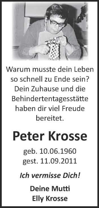 Traueranzeige von Peter Krosse von WVG - Wochenspiegel NMB / WSF / ZTZ