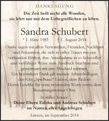 Traueranzeige von Sandra Schubert von Super Sonntag Merseburg