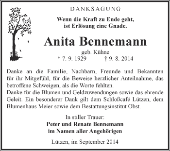 Traueranzeige von Anita Bennemann von Super Sonntag Merseburg