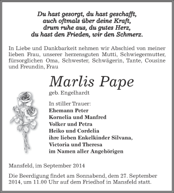Traueranzeige von Marlis Pape von Wochenspiegel Mansfelder Land