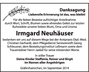Traueranzeige von Irmgard Neuhäuser von WVG - Wochenspiegel Wittenberg
