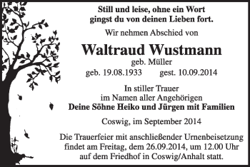 Traueranzeige von Waltraud Wustmann von Super Sonntag Wittenberg