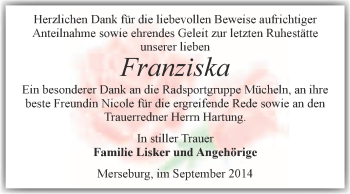 Traueranzeige von Franziska  von Super Sonntag Merseburg