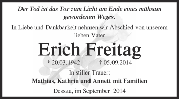 Traueranzeige von Erich Freitag von Super Sonntag Quedlinburg