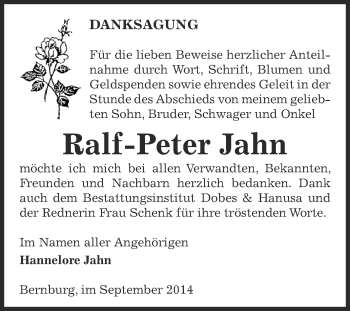 Traueranzeige von Ralf-Peter Jahn von Super Sonntag Bernburg