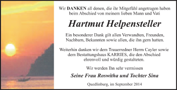 Traueranzeige von Hartmut Helpensteller von WVG - Wochenspiegel Quedlinburg