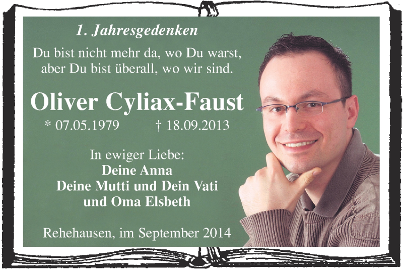  Traueranzeige für Oliver Cyliax-Faust vom 17.09.2014 aus WVG - Wochenspiegel NMB / WSF / ZTZ