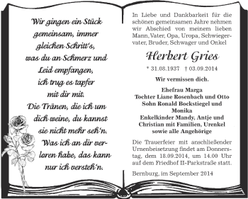 Traueranzeige von Herbert Gries von Super Sonntag Bernburg