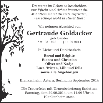 Traueranzeige von Gertraude Goldacker von Super Sonntag SGH Mansf. Land