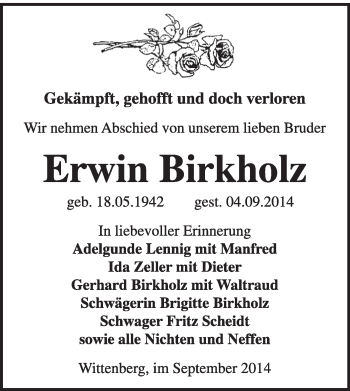 Traueranzeige von Erwin Birkholz von Super Sonntag Wittenberg