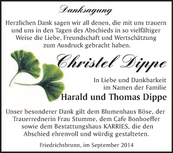 Traueranzeige von Christel Dippe von WVG - Wochenspiegel Quedlinburg