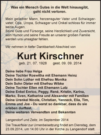 Traueranzeige von Kurt Kirschner von Super Sonntag Zeitz