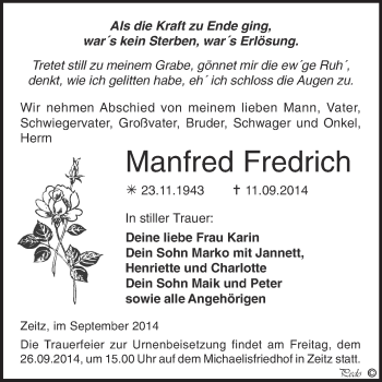 Traueranzeige von Manfred Fredrich von Super Sonntag Zeitz