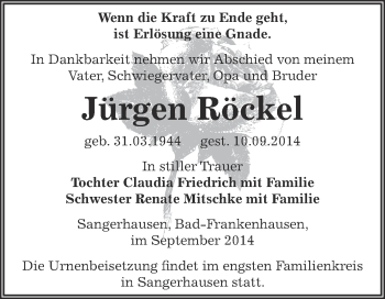 Traueranzeige von Jürgen Röckel von WVG - Wochenspiegel SGH