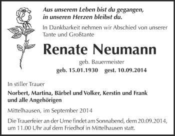 Traueranzeige von Renate Neumann von WVG - Wochenspiegel SGH