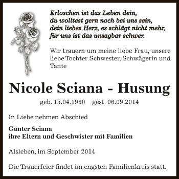 Traueranzeige von Nicole  Sciana- Husung von Super Sonntag Bernburg