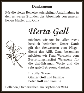 Traueranzeige von Herta Goll von Super Sonntag Bernburg