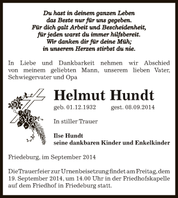Traueranzeige von Helmut Hundt von Super Sonntag SGH Mansf. Land